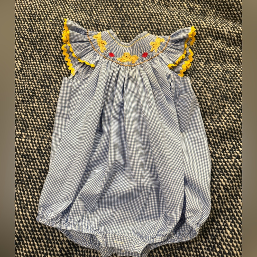 Blue Gingham Baby Romper with Yellow Accents